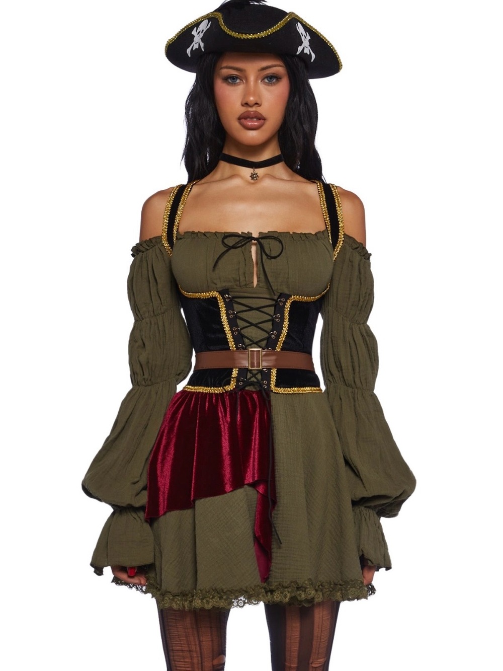 Dolls Kill Olive Green Corset Mini Skirt with Burgundy Sash